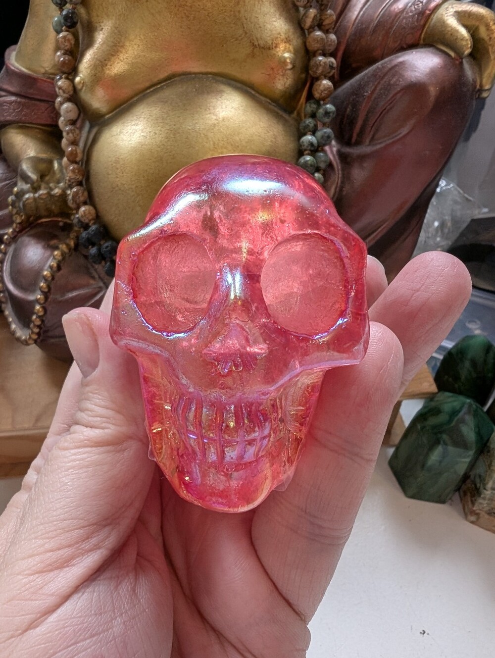 Hand Carved Pink Aura Quartz Crystal Skull ☠️💀☠️  (B)
